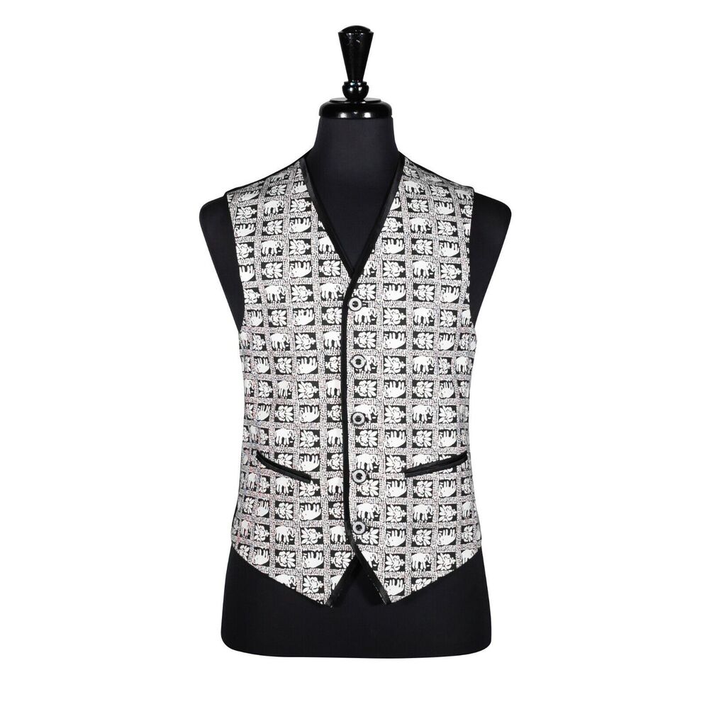 Mens Vest Suit Black White Animal Print Dress Formal Wedding Waistcoat Small 38
